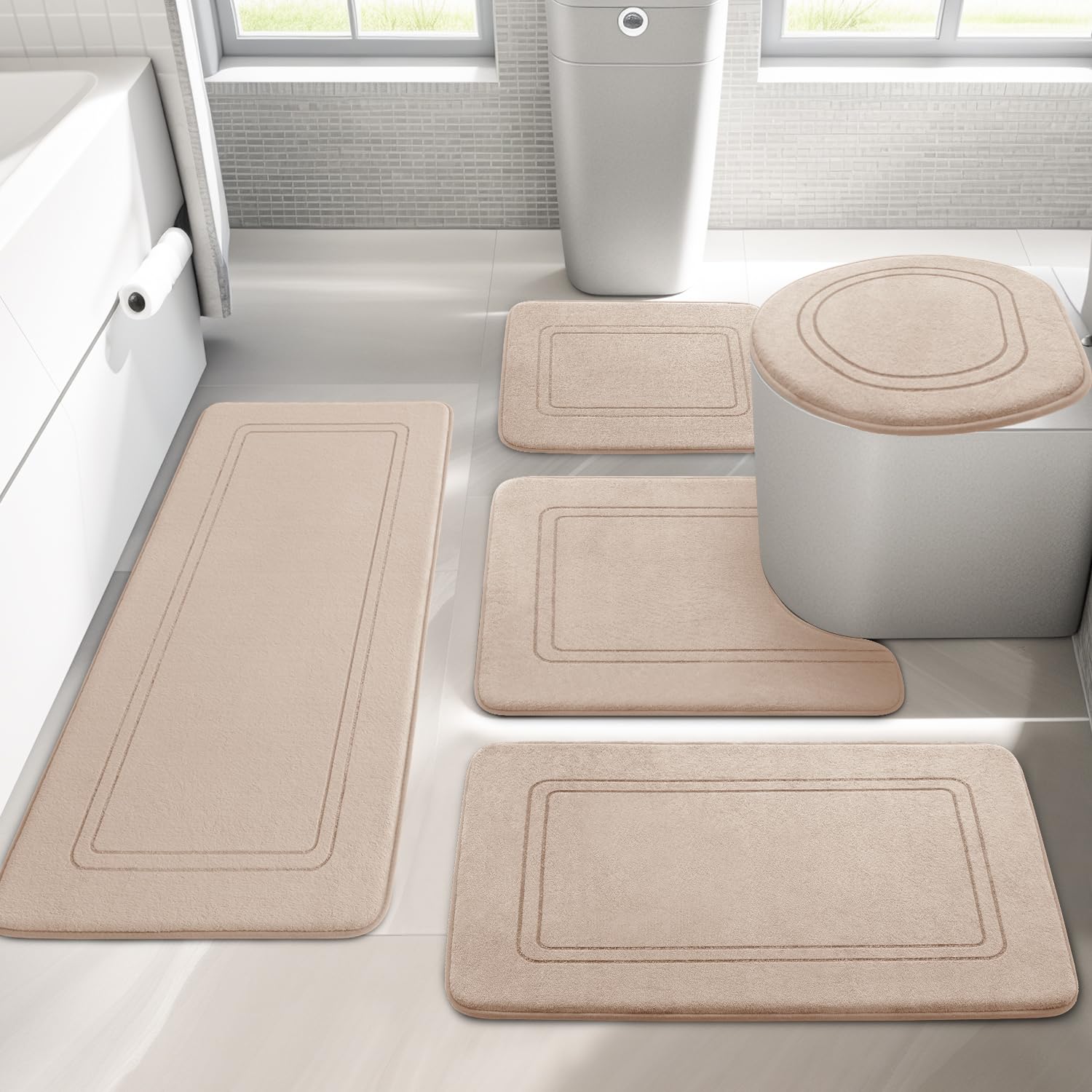 YIHOUSE Memory Foam Bath Mat Set, Bathroom Rugs Sets 3 Pieces, Non Slip Bath Mats for Bathroom, Super Soft and Water Absorbent Bath Rug Set, Machine Washable U Shape Toilet Rug,Beige