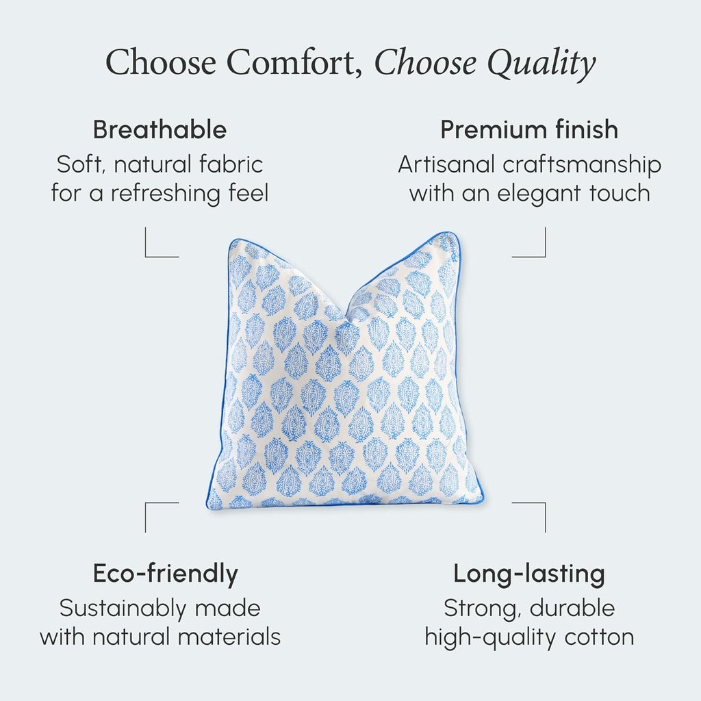 CPC 100% Cotton Throw Pillow Covers 20x20 Inch, Set of 2 Green Block Print Pattern Couch Pillow, Cute Boho Decorative Pillows for Living Room, Bedroom with Hidden Zipper- Royal Blue