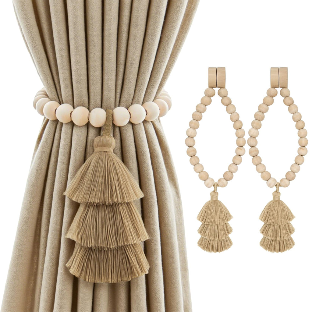 No Drill Curtain Tiebacks with Strong Magnetic Closure, Natural Wood Beads Boho Holdbacks with Triple Tassels for Living Room, Bedroom, Office Drapes,Set of 4,Beige Taupe Brown