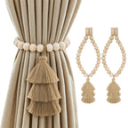 No Drill Curtain Tiebacks with Strong Magnetic Closure, Natural Wood Beads Boho Holdbacks with Triple Tassels for Living Room, Bedroom, Office Drapes,Set of 4,Beige Taupe Brown