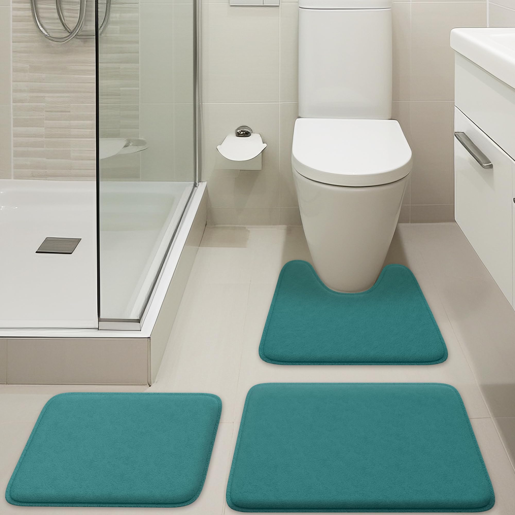 5-Piece Bathroom Rug Set - Memory Foam Bath Mats, Non-Slip, Ultra-Soft, Water Absorbent, Machine Washable Bathroom Rugs - Beige