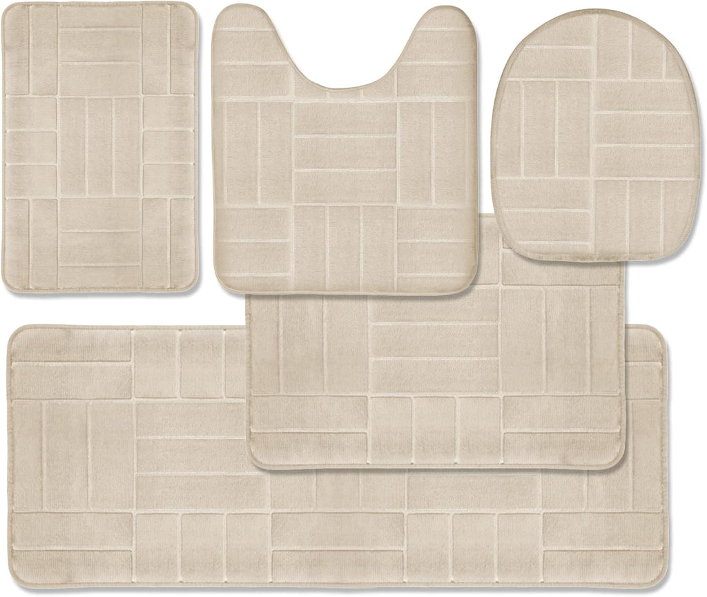 Bathroom Rug Set 5 Piece - Memory Foam Bathroom Mat Set, Soft and Comfortable, Non-Slip Thick Absorbent Bath Mats, Machine Washable, Beige
