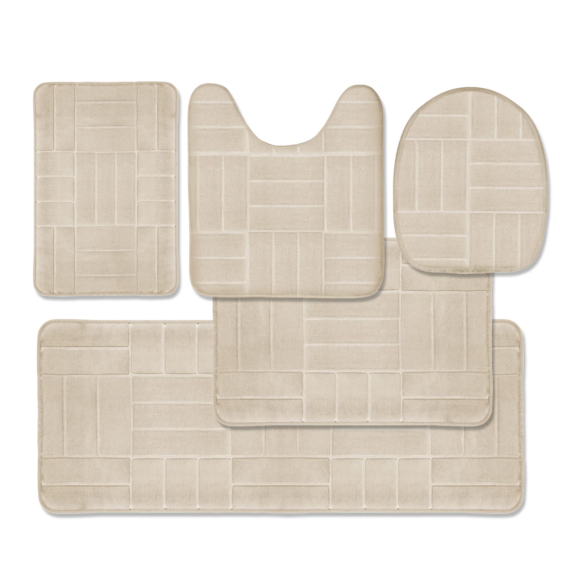 Bathroom Rug Set 5 Piece - Memory Foam Bathroom Mat Set, Soft and Comfortable, Non-Slip Thick Absorbent Bath Mats, Machine Washable, Beige
