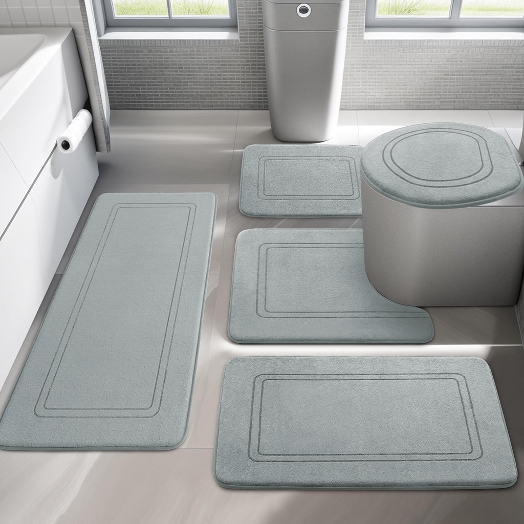 YIHOUSE Memory Foam Bath Mat Set, Bathroom Rugs Sets 3 Pieces, Non Slip Bath Mats for Bathroom, Super Soft and Water Absorbent Bath Rug Set, Machine Washable U Shape Toilet Rug,Beige