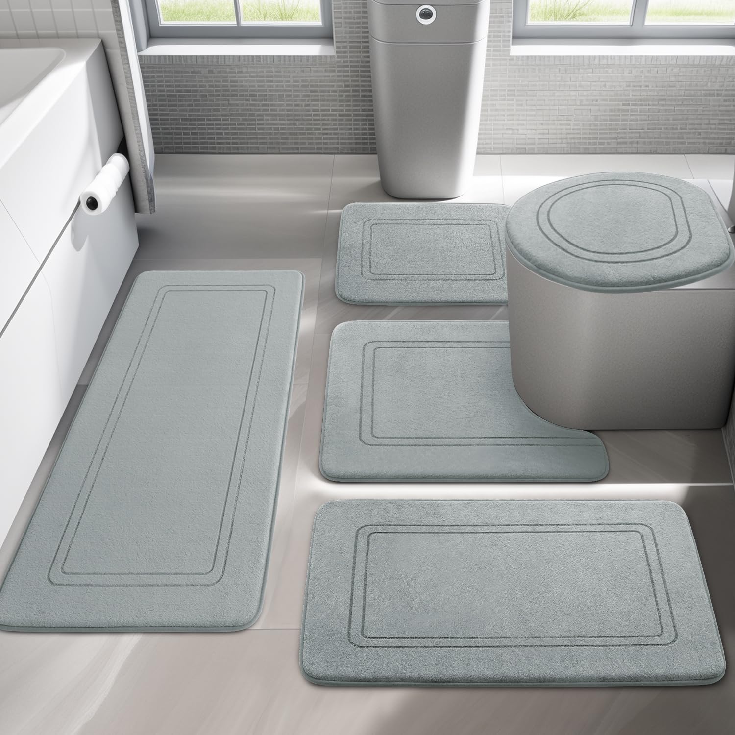 YIHOUSE Memory Foam Bath Mat Set, Bathroom Rugs Sets 3 Pieces, Non Slip Bath Mats for Bathroom, Super Soft and Water Absorbent Bath Rug Set, Machine Washable U Shape Toilet Rug,Beige