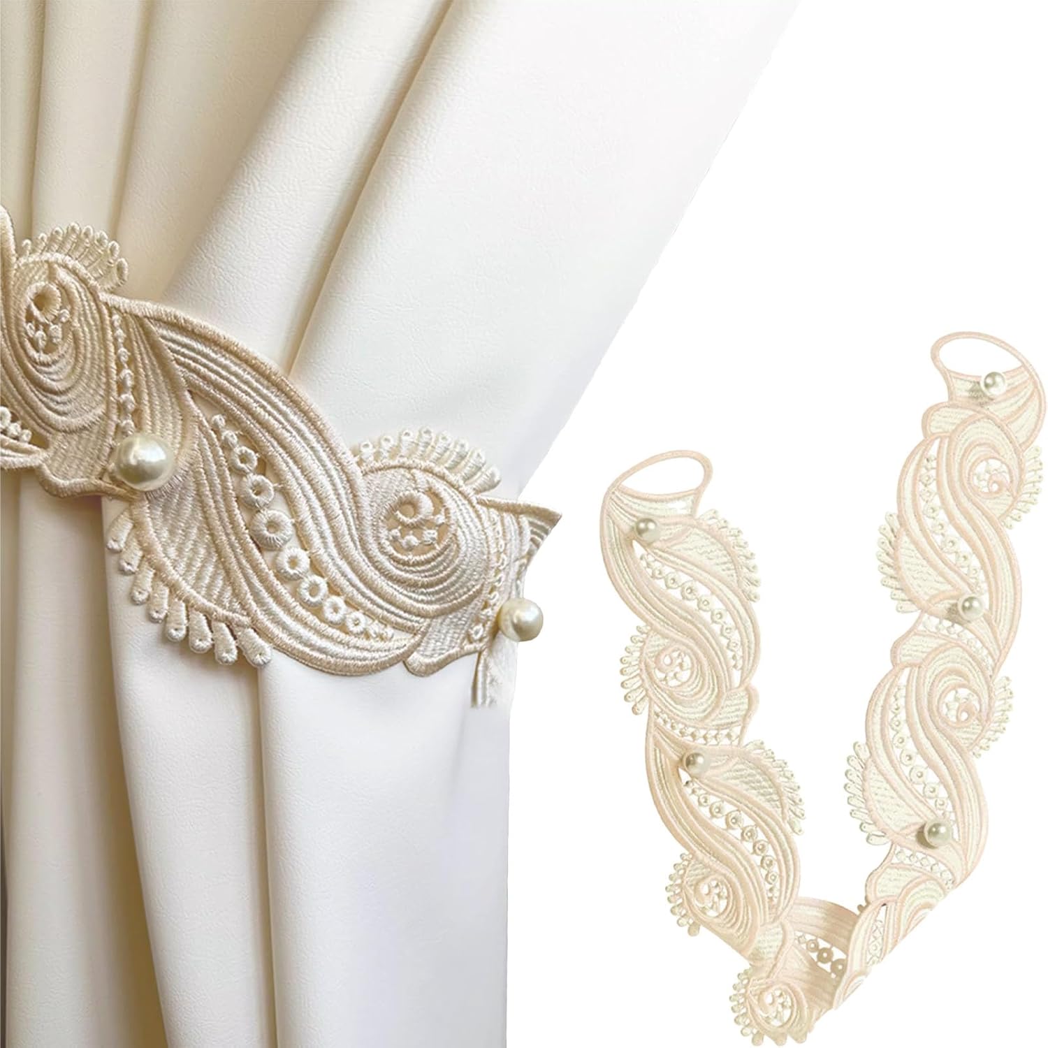 2 Pcs Lace Curtain Tiebacks, Handcrafted Embroidered Curtain Holdbacks for Elegant Home Decor, Romantic French Style Curtain Holders for Living Room or Bedroom (Champagne)