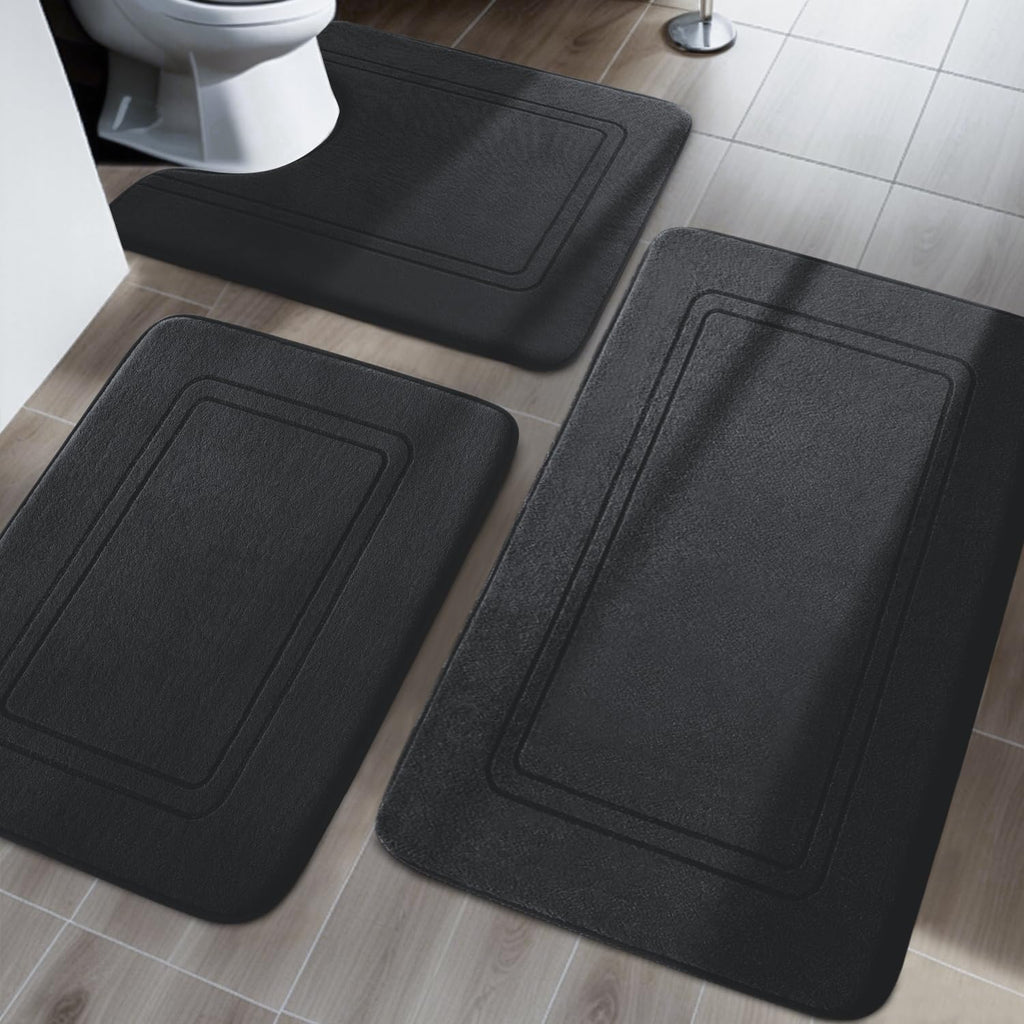 YIHOUSE Memory Foam Bath Mat Set, Bathroom Rugs Sets 3 Pieces, Non Slip Bath Mats for Bathroom, Super Soft and Water Absorbent Bath Rug Set, Machine Washable U Shape Toilet Rug,Beige