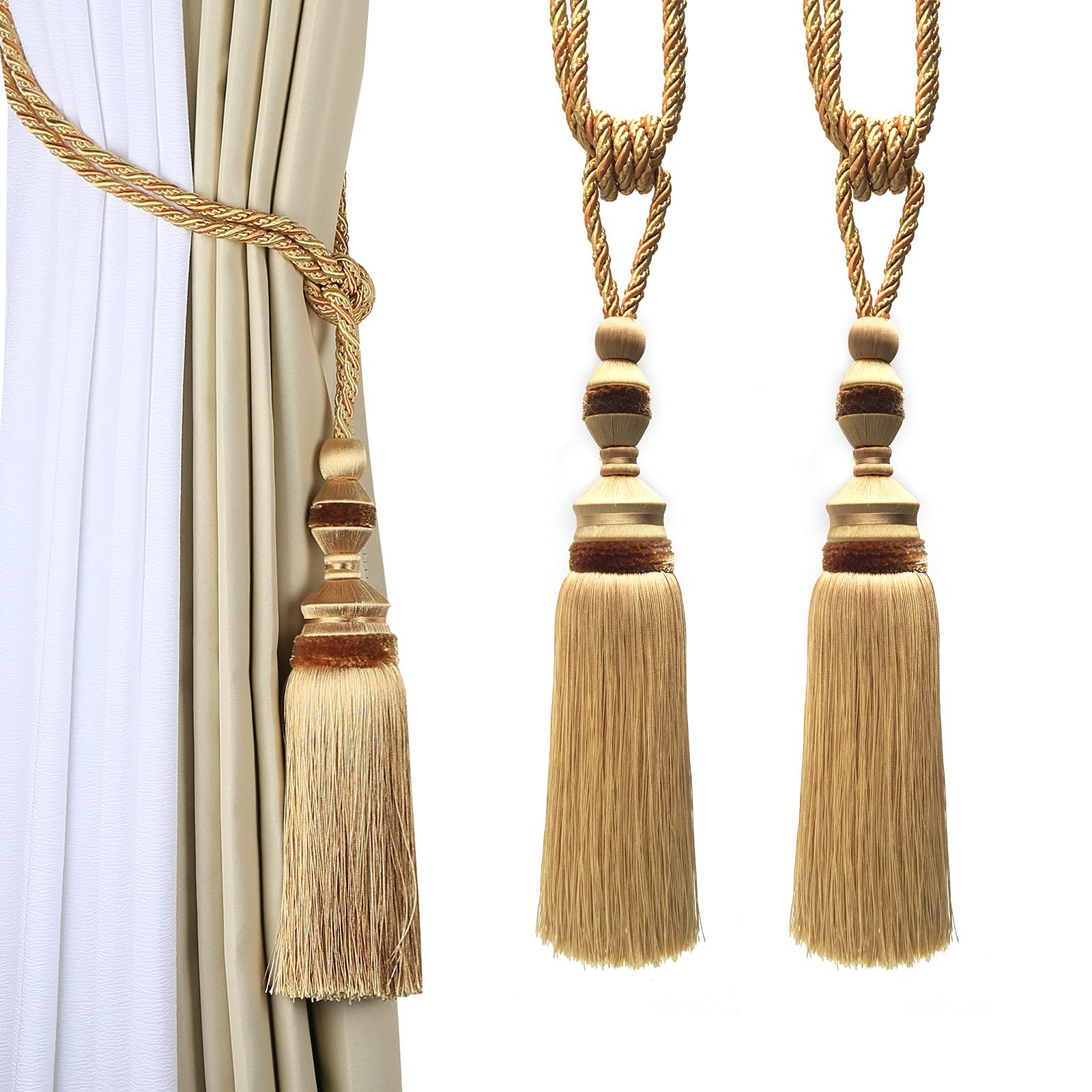 2Pcs Curtain Tiebacks Tassel Tie-Backs, Elegant Curtain Tie Backs Holdbacks for Decor-Light Coffee