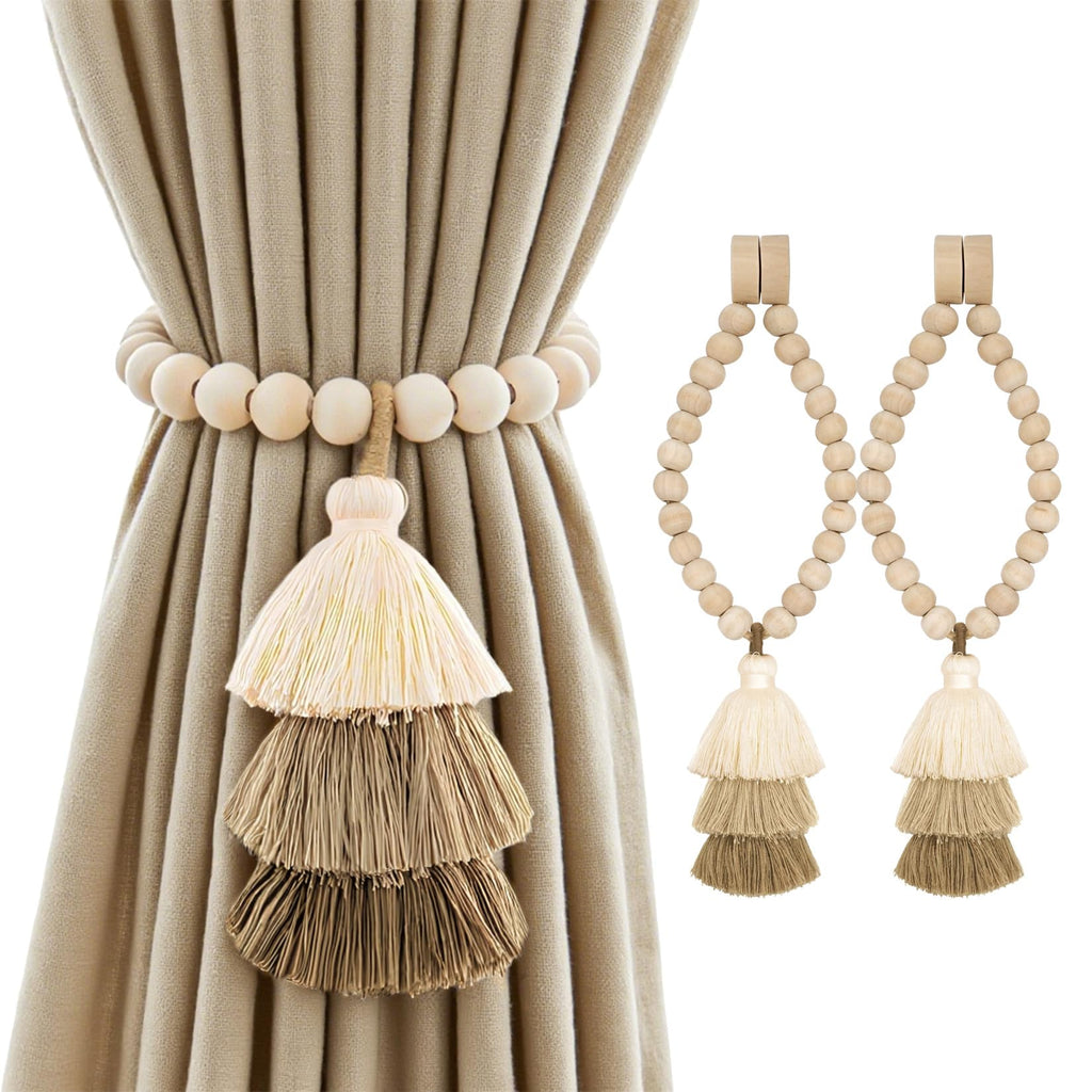 No Drill Curtain Tiebacks with Strong Magnetic Closure, Natural Wood Beads Boho Holdbacks with Triple Tassels for Living Room, Bedroom, Office Drapes,Set of 4,Beige Taupe Brown