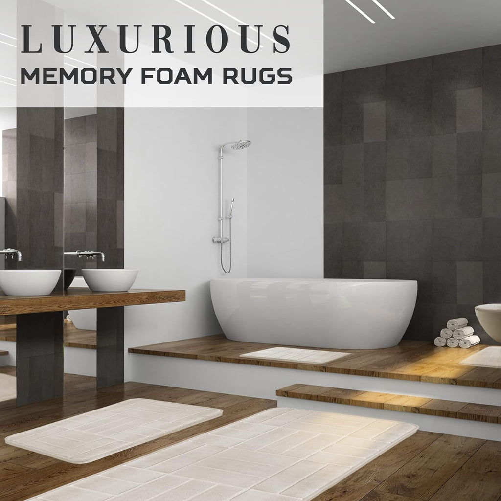 Bathroom Rug Set 5 Piece - Memory Foam Bathroom Mat Set, Soft and Comfortable, Non-Slip Thick Absorbent Bath Mats, Machine Washable, Beige