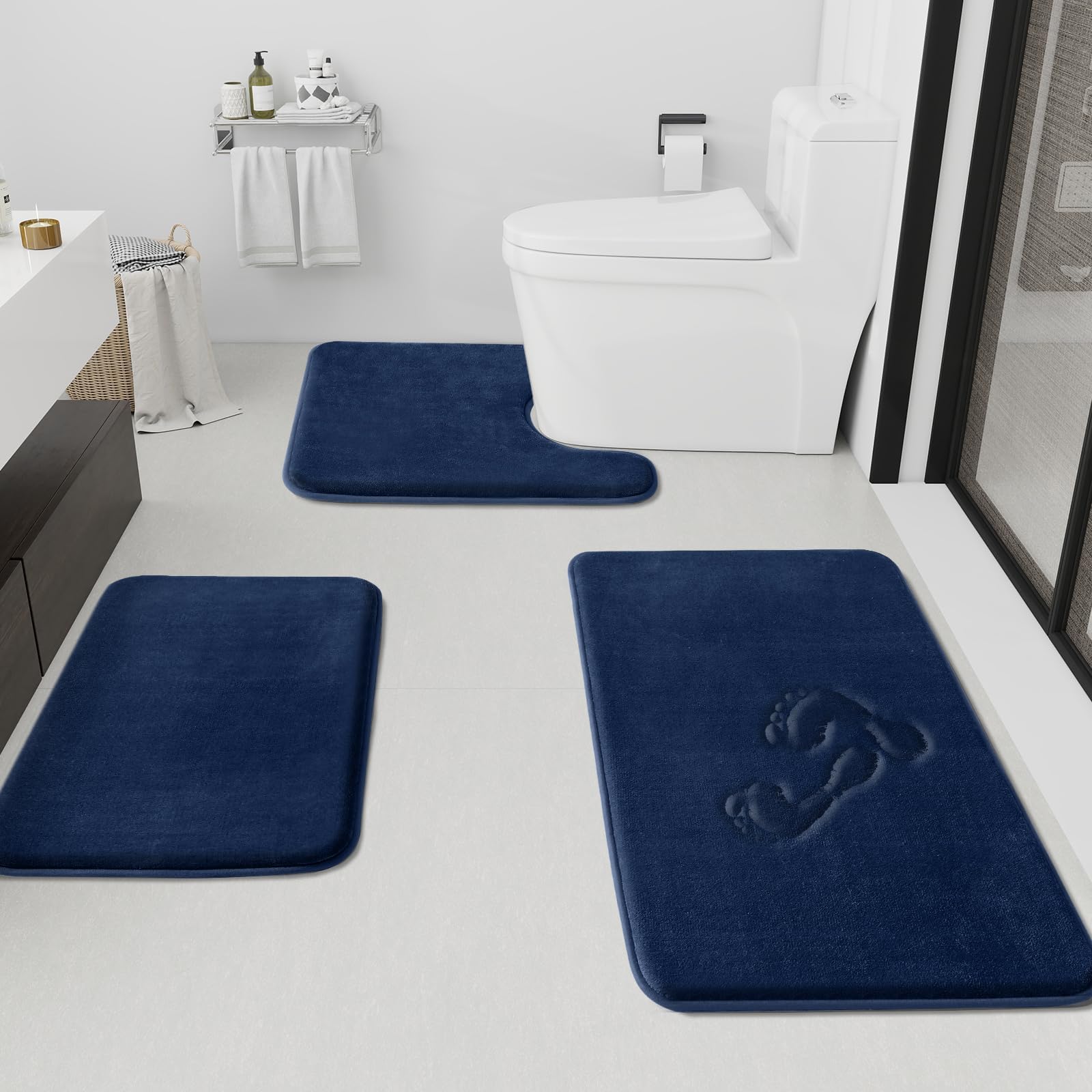 HUXMEYSON Bathroom Rugs Sets 3 Piece, Non-Slip & Quick Dry Bath Mat Set, Ultra Soft Velvet Bath Rugs for Bathroom, Toilet and Shower Floor, Grey Green