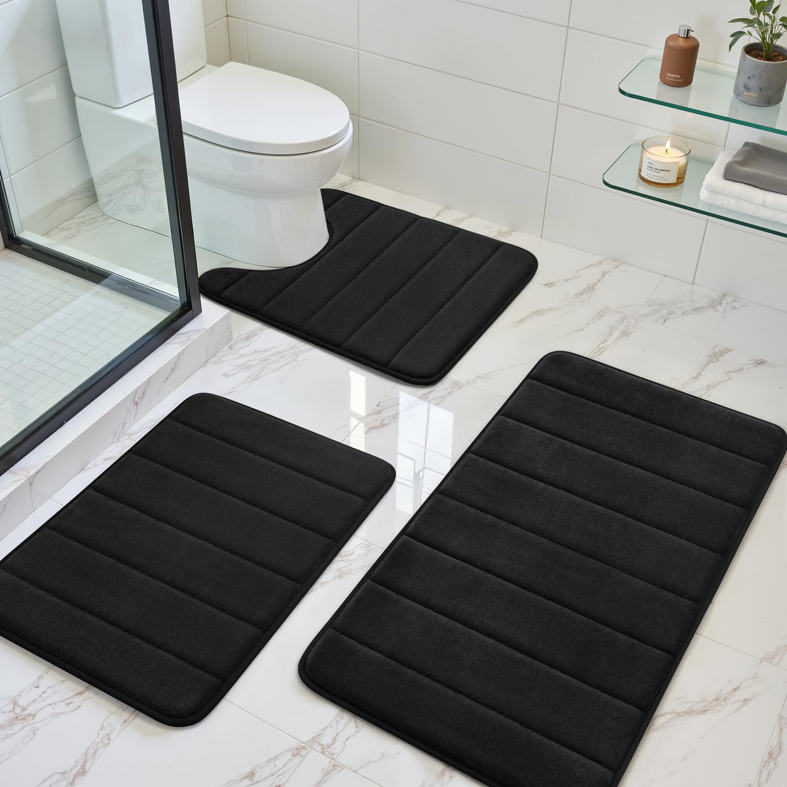 Black Memory Foam Bath Rug 3 Piece Set, Soft Absorbent Non-Slip & Washable