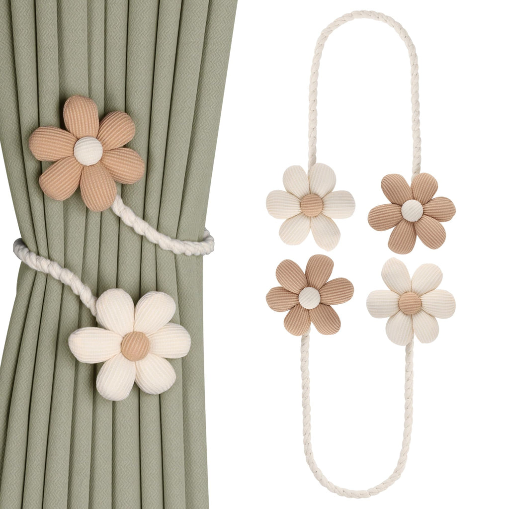 Meplait 6 Pack Flower Curtain Tiebacks Curtain Holdbacks, No Drill Boho Curtain Ties Handmade Cotton Linen Decorative Curtain Holders for Drapes (Beige & Khaki)