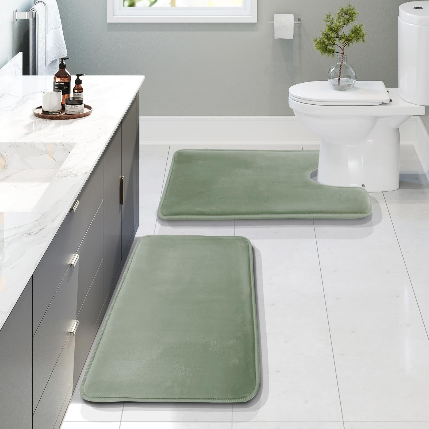 Clara Clark 3 Piece Bathroom Rugs Bath Mat Set, Velvet Memory Foam Bath Mats for Bathroom - Non-Slip, PVC Backing Bath Rugs, Washable - Dries Quickly, Grey