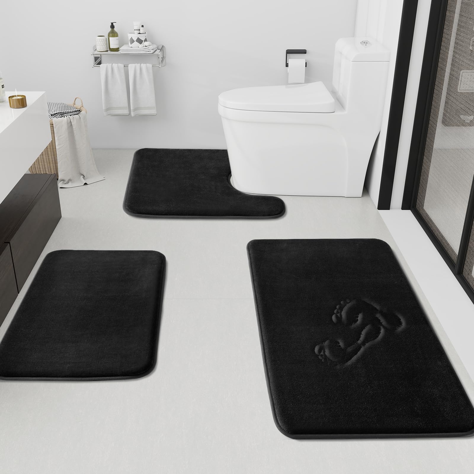HUXMEYSON Bathroom Rugs Sets 3 Piece, Non-Slip & Quick Dry Bath Mat Set, Ultra Soft Velvet Bath Rugs for Bathroom, Toilet and Shower Floor, Grey Green