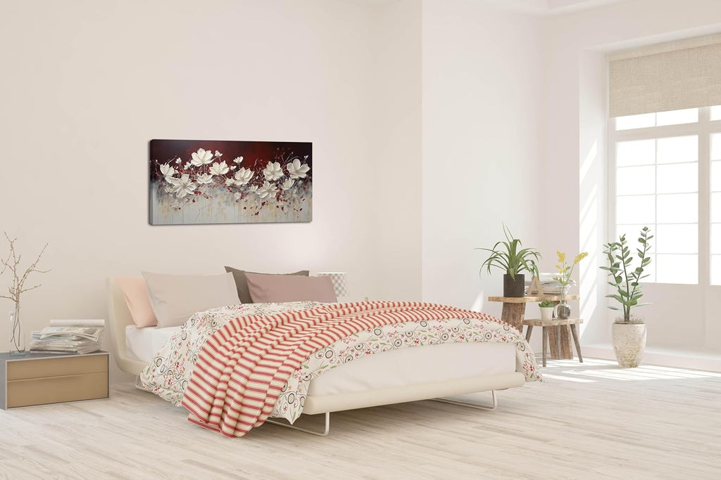 Lasdel Stretched Canvas Wall Art of White Flowers Plant Picture for Living Room Bedroom Home Decoration, Beautiful White and Red Premium Nature Print Artwork Painting Decor, Inner Frame 23x46 Inches