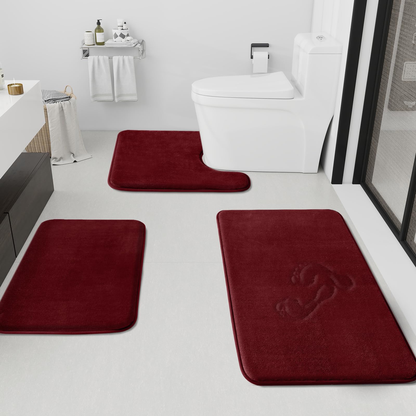 HUXMEYSON Bathroom Rugs Sets 3 Piece, Non-Slip & Quick Dry Bath Mat Set, Ultra Soft Velvet Bath Rugs for Bathroom, Toilet and Shower Floor, Grey Green