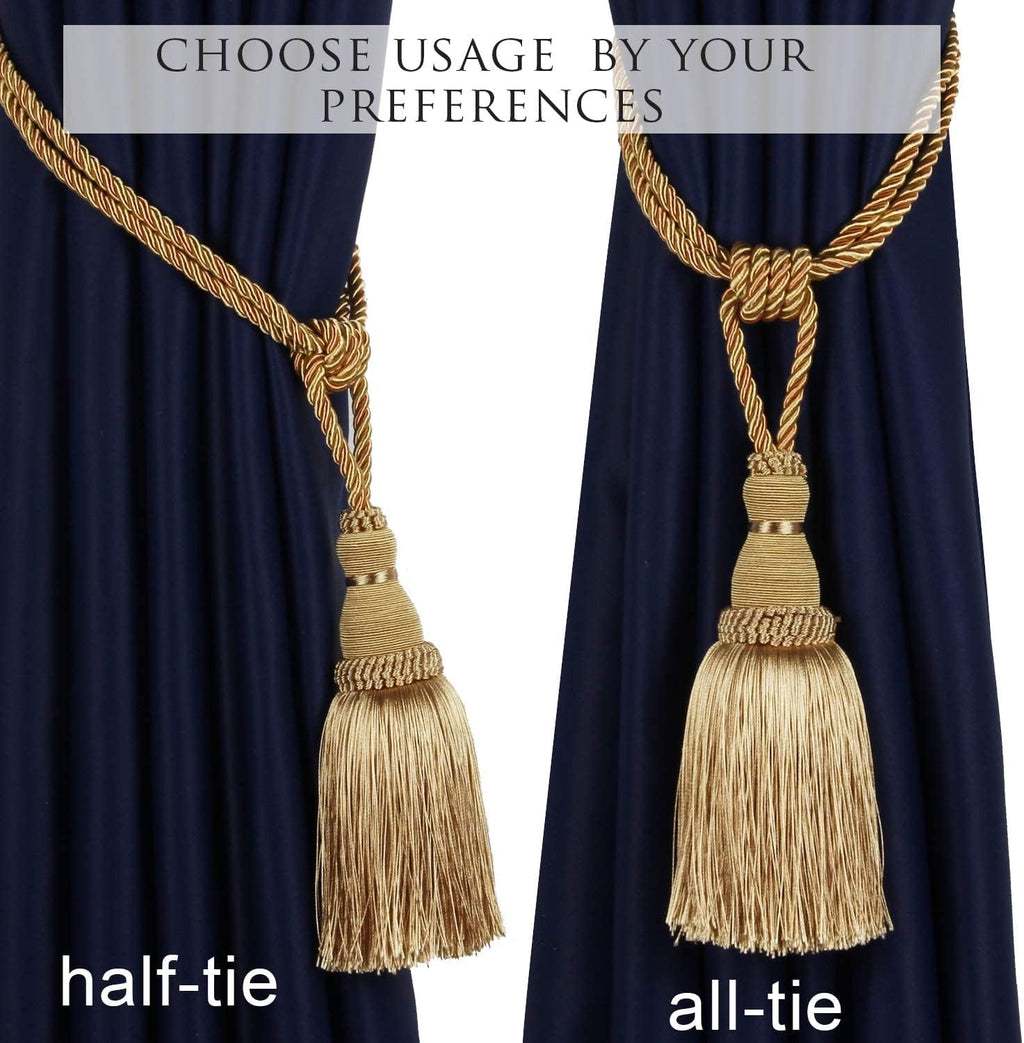 BEL AVENIR 2 Pack Curtain Tiebacks Tassel Drapery Tie-Backs Rope Handmade Holdbacks Home Office Hotel Decorative (Gold, 4 Pack)