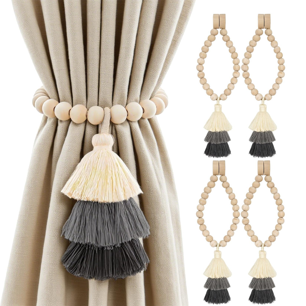 No Drill Curtain Tiebacks with Strong Magnetic Closure, Natural Wood Beads Boho Holdbacks with Triple Tassels for Living Room, Bedroom, Office Drapes,Set of 4,Beige Taupe Brown