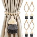 No Drill Curtain Tiebacks with Strong Magnetic Closure, Natural Wood Beads Boho Holdbacks with Triple Tassels for Living Room, Bedroom, Office Drapes,Set of 4,Beige Taupe Brown
