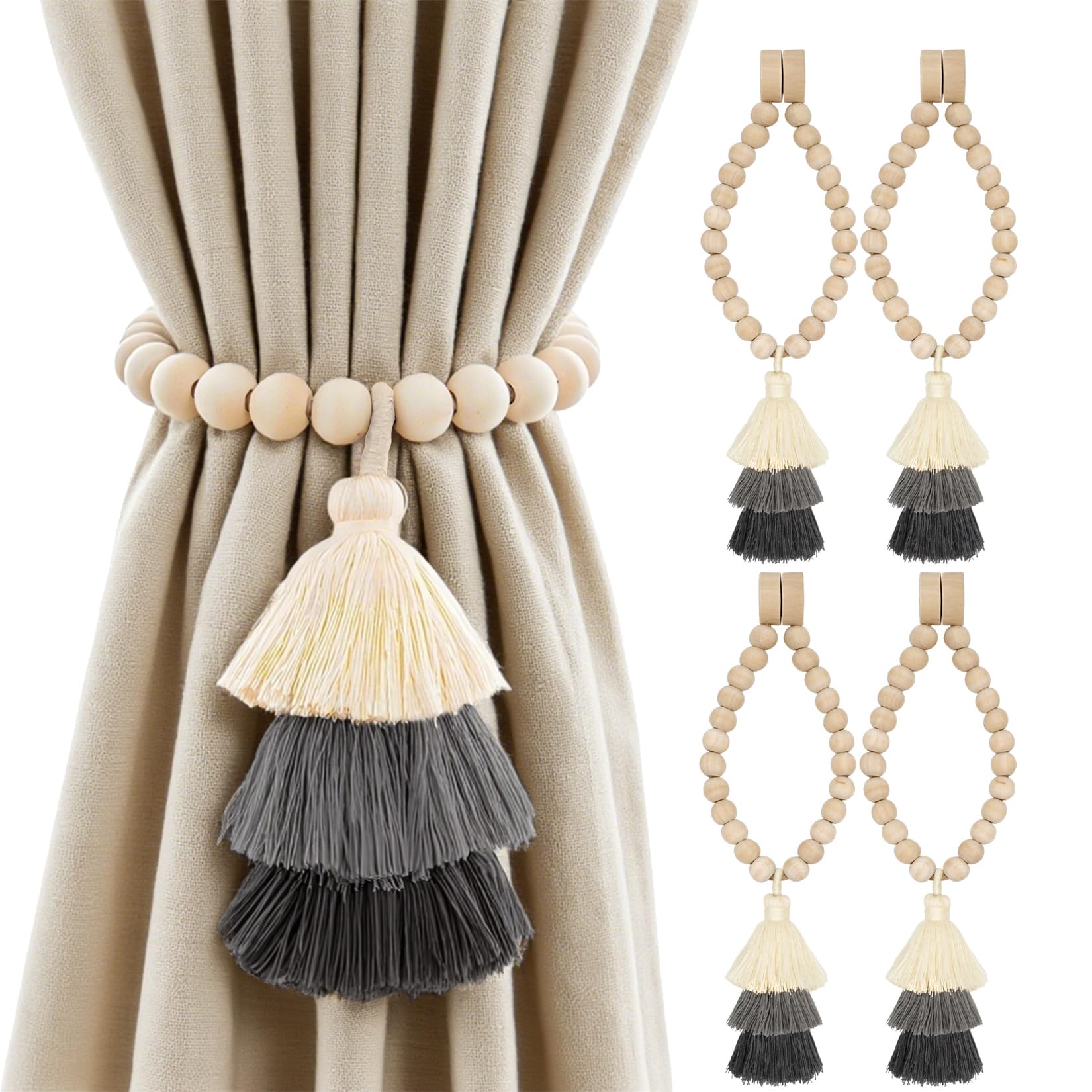No Drill Curtain Tiebacks with Strong Magnetic Closure, Natural Wood Beads Boho Holdbacks with Triple Tassels for Living Room, Bedroom, Office Drapes,Set of 4,Beige Taupe Brown