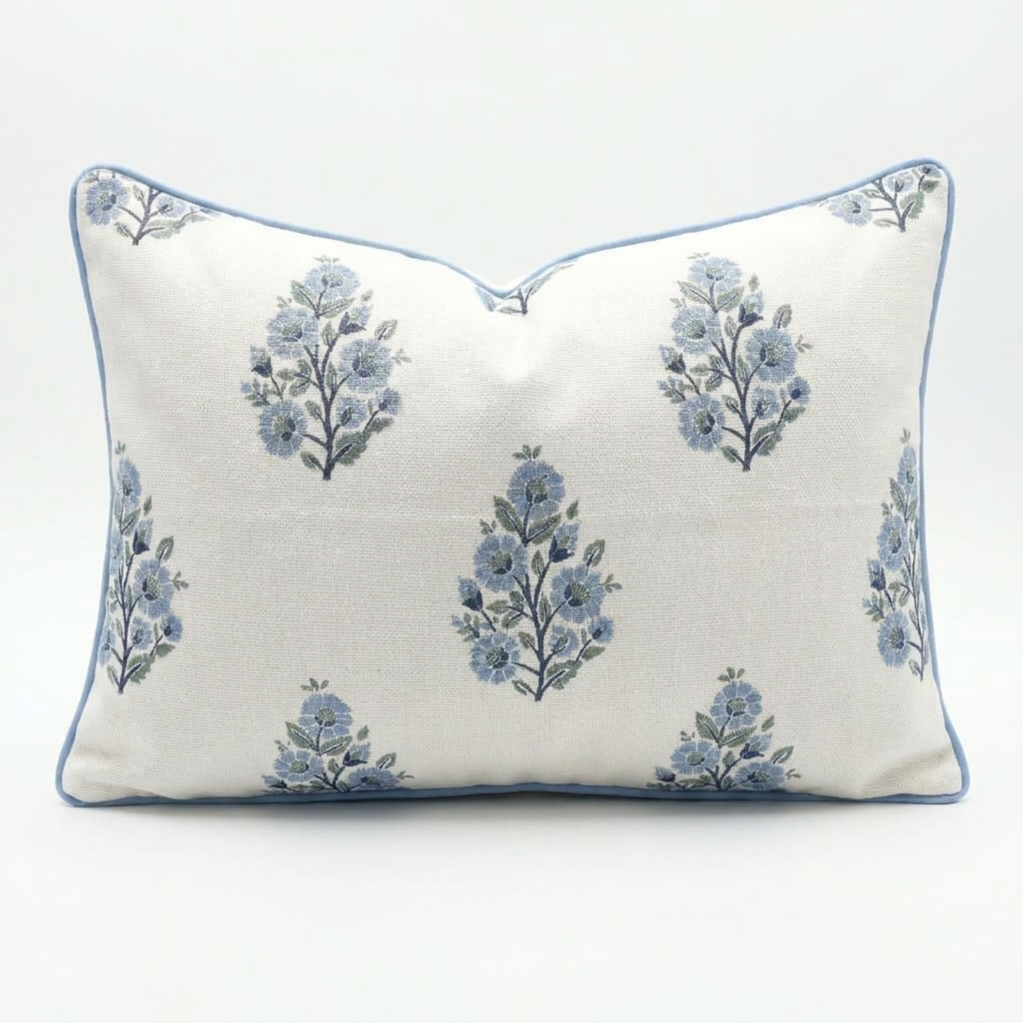 Jillien Harbor “The Camille” Floral Block Print Pillow Cover – Soft Blue and White Decorative Throw Pillow Cover – Grandmillennial Home Decor, 20" x 20"
