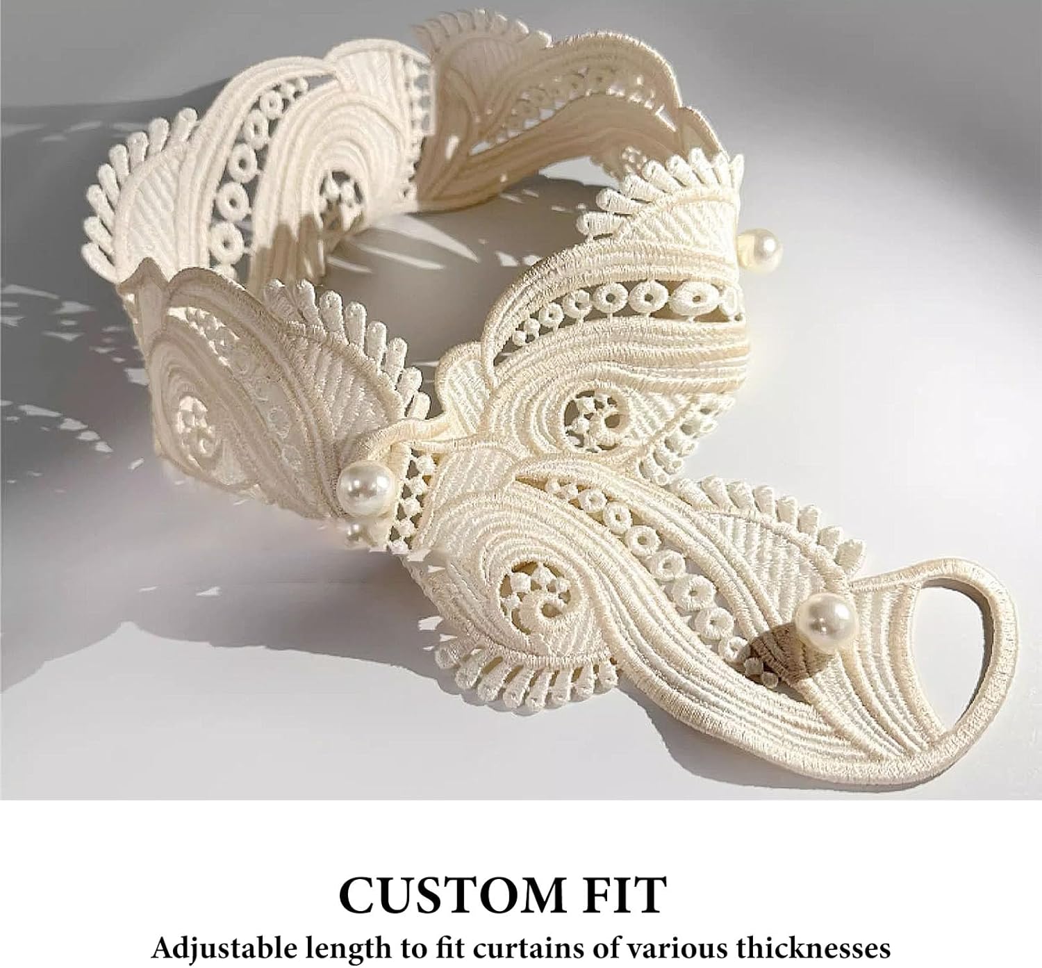 2 Pcs Lace Curtain Tiebacks, Handcrafted Embroidered Curtain Holdbacks for Elegant Home Decor, Romantic French Style Curtain Holders for Living Room or Bedroom (Champagne)