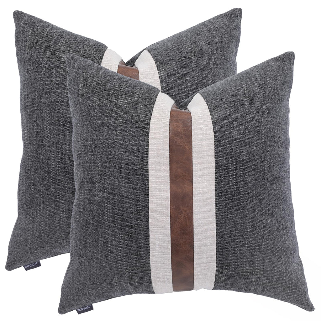 Set of 2 Leather Throw Pillow Covers Cotton Linen Decor Patchwork Pillow Cover Faux Leather Pillows Cover for Couch Sofa Living Room Bedroom,Beige 24"x24"