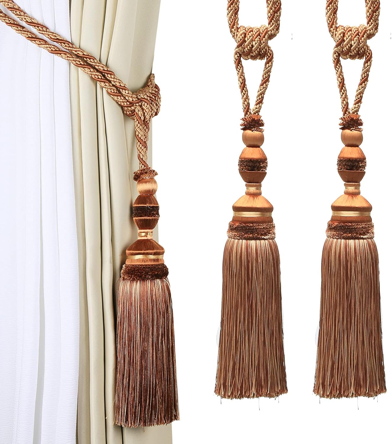 2Pcs Curtain Tiebacks Tassel Tie-Backs, Elegant Curtain Tie Backs Holdbacks for Decor-Light Coffee