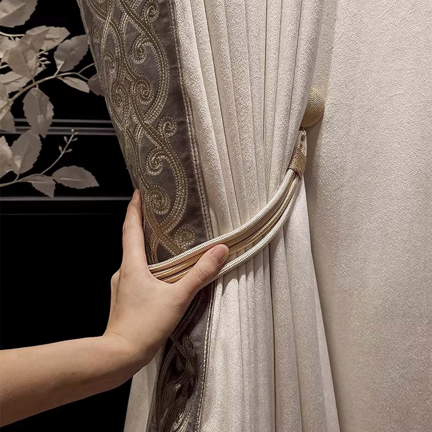 Magnetic Curtain Tiebacks Extra Long 22.4 Inches – Premium Velvet Rope with Strong Neodymium Magnets, No Drill Decorative Holdbacks for Heavy Curtains, Set of 2 (Champagne)