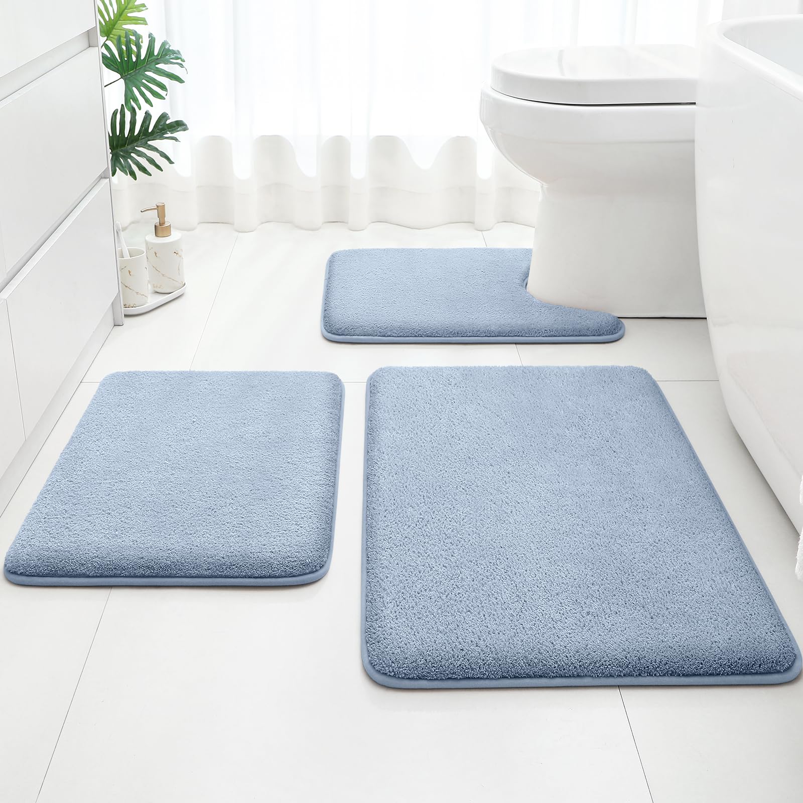 HOMEIDEAS Upgraded Bathroom Rugs Set 3 Piece, Extra Thick Absorbent Soft Memory Foam, Washable Toilet Bath Mat (Grey,17"x24"+20"x32"+U Shape 20"x24")