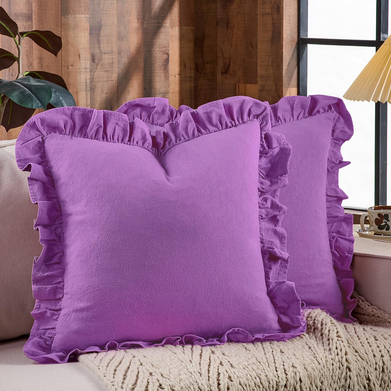 24×24" Ruffle Cotton Throw Pillow Covers, 2 Pack Beige