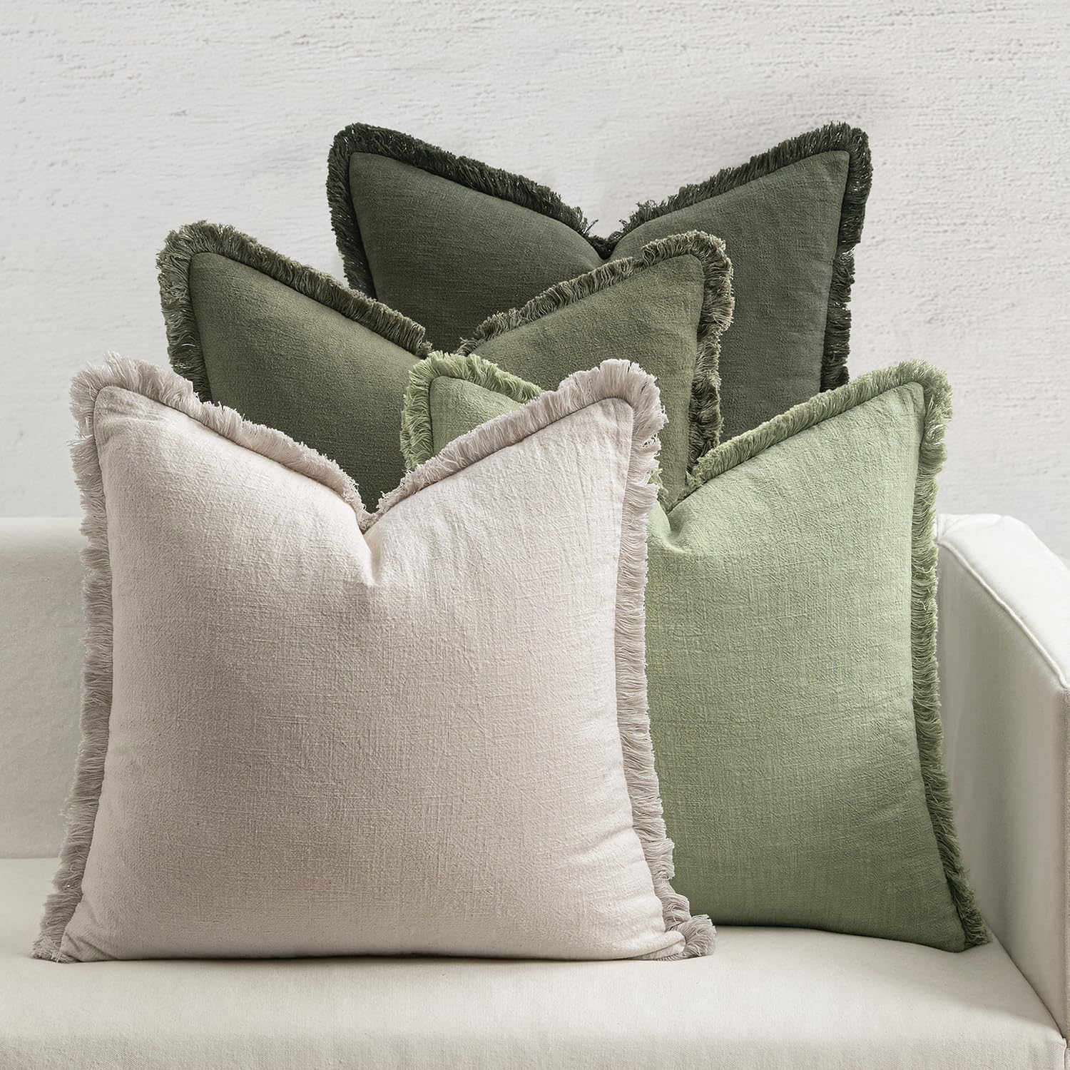 MIULEE Decorative Couch Pillow Covers Neutral Linen Fringe Throw Pillows Set of 4 Soft Rustic Cushions Boho Farmhouse Pillowcases for Bed Sofa Living Room Spring Decor 20x20 Inch Beige/Brown/Green