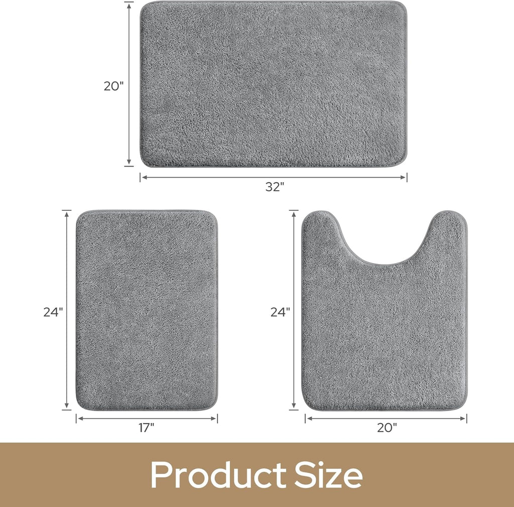HOMEIDEAS Upgraded Bathroom Rugs Set 3 Piece, Extra Thick Absorbent Soft Memory Foam, Washable Toilet Bath Mat (Grey,17"x24"+20"x32"+U Shape 20"x24")