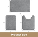 HOMEIDEAS Upgraded Bathroom Rugs Set 3 Piece, Extra Thick Absorbent Soft Memory Foam, Washable Toilet Bath Mat (Grey,17"x24"+20"x32"+U Shape 20"x24")