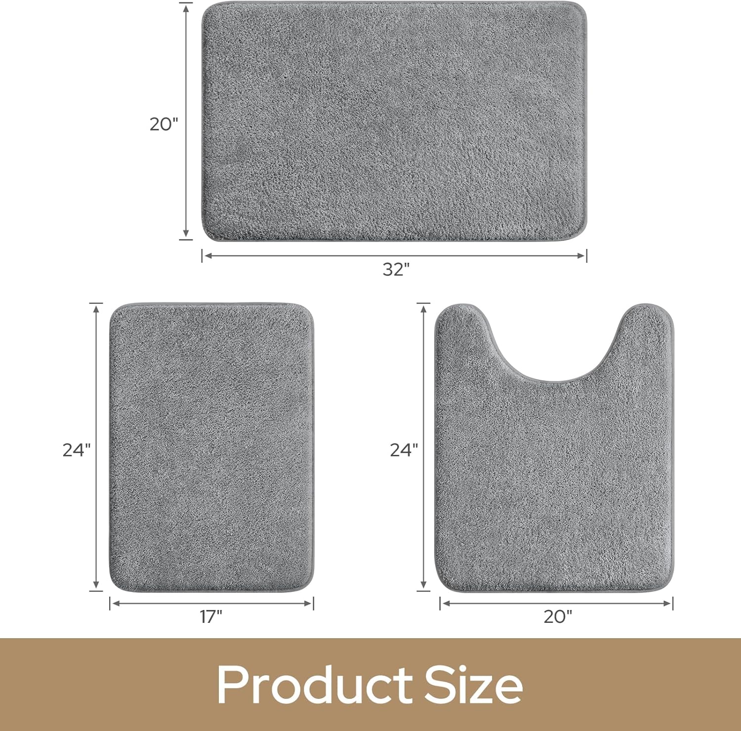 HOMEIDEAS Upgraded Bathroom Rugs Set 3 Piece, Extra Thick Absorbent Soft Memory Foam, Washable Toilet Bath Mat (Grey,17"x24"+20"x32"+U Shape 20"x24")