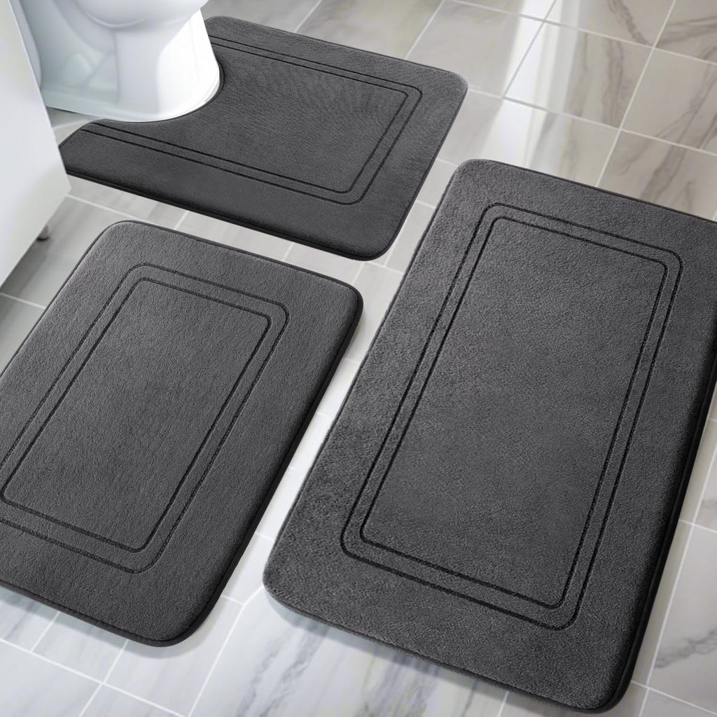 YIHOUSE Memory Foam Bath Mat Set, Bathroom Rugs Sets 3 Pieces, Non Slip Bath Mats for Bathroom, Super Soft and Water Absorbent Bath Rug Set, Machine Washable U Shape Toilet Rug,Beige