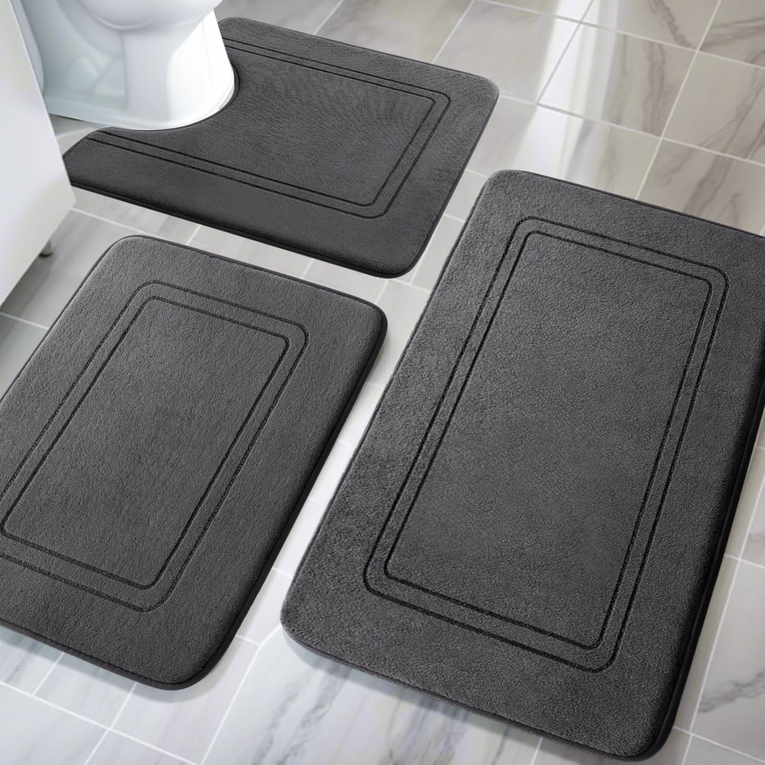 YIHOUSE Memory Foam Bath Mat Set, Bathroom Rugs Sets 3 Pieces, Non Slip Bath Mats for Bathroom, Super Soft and Water Absorbent Bath Rug Set, Machine Washable U Shape Toilet Rug,Beige