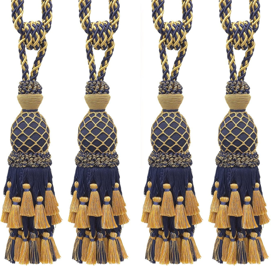 DÉCOPRO Lavish Large Curtain & Drapery, Hand Crafted Tassel Tieback, Tassel Length 11" (27.5cm), 34" (86cm) # TBIL1, Nautical Gold #1152 (Light Gold, Yellow Gold, Navy Blue) Set of 4