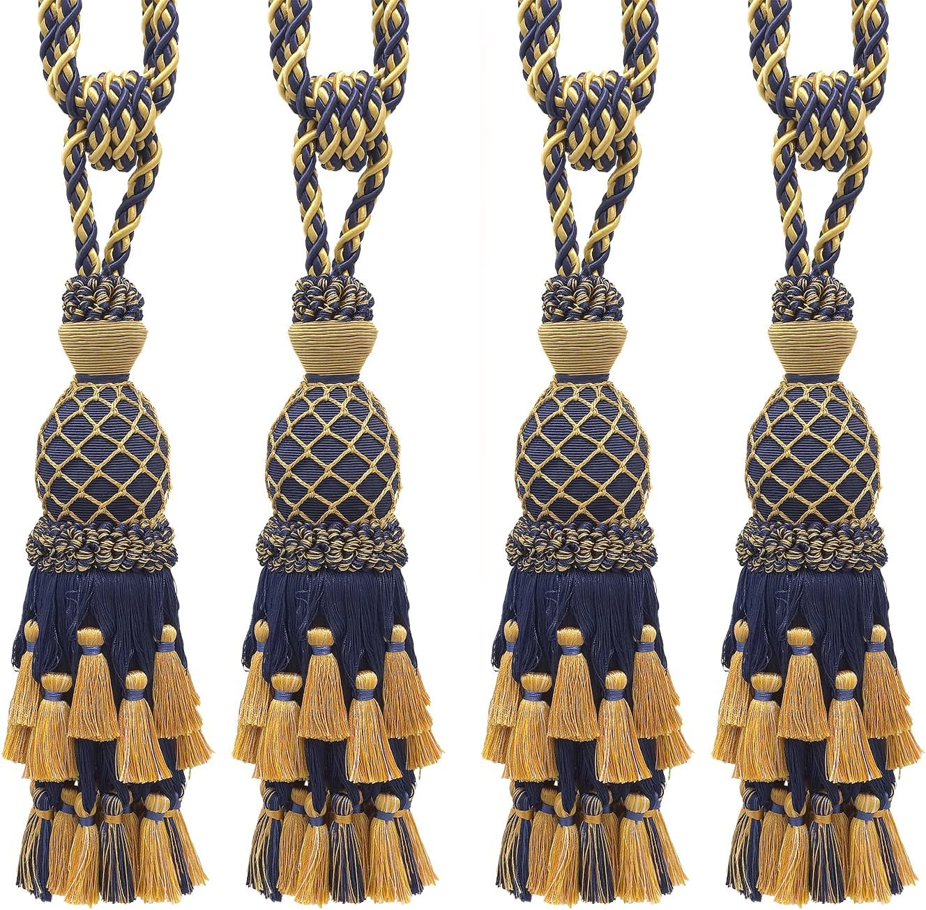 DÉCOPRO Lavish Large Curtain & Drapery, Hand Crafted Tassel Tieback, Tassel Length 11" (27.5cm), 34" (86cm) # TBIL1, Nautical Gold #1152 (Light Gold, Yellow Gold, Navy Blue) Set of 4