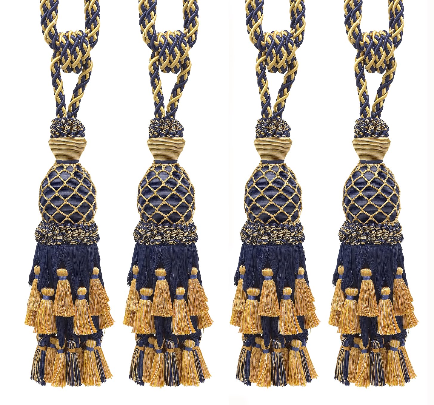 DÉCOPRO Lavish Large Curtain & Drapery, Hand Crafted Tassel Tieback, Tassel Length 11" (27.5cm), 34" (86cm) # TBIL1, Nautical Gold #1152 (Light Gold, Yellow Gold, Navy Blue) Set of 4
