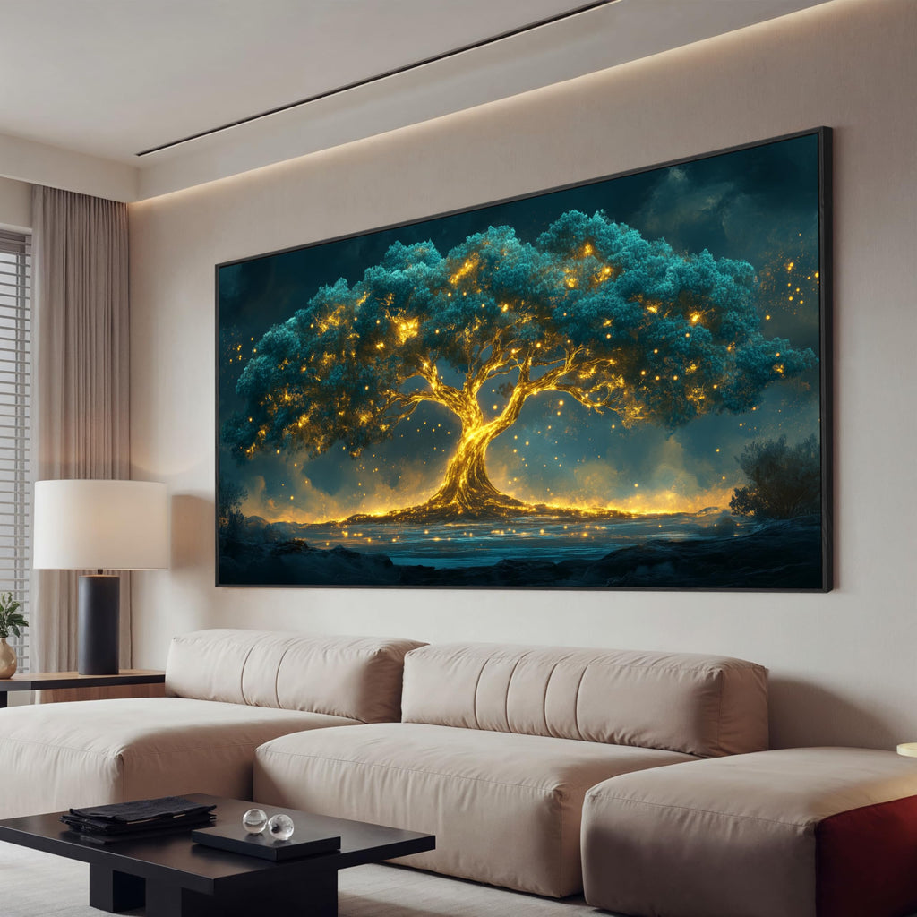 29"X58" Tree of Life Canvas Print, Green Gold Artwork for Home Wall Decoration