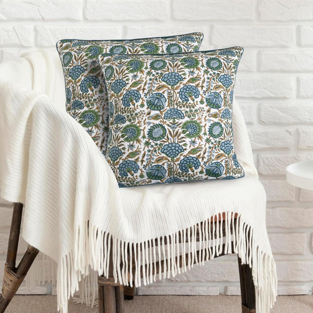 Ridhi Block Print Asparagus Green Pillow Cover 20" x 20" (Pack of 2) Decorative Couch Pillows for Living Room, Farmhouse Chic Boho Cute Outdoor Pillows Covers Gifts for Spring, Mother's Day