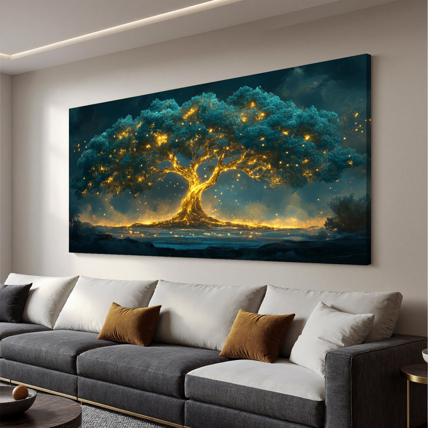 29"X58" Tree of Life Canvas Print, Green Gold Artwork for Home Wall Decoration