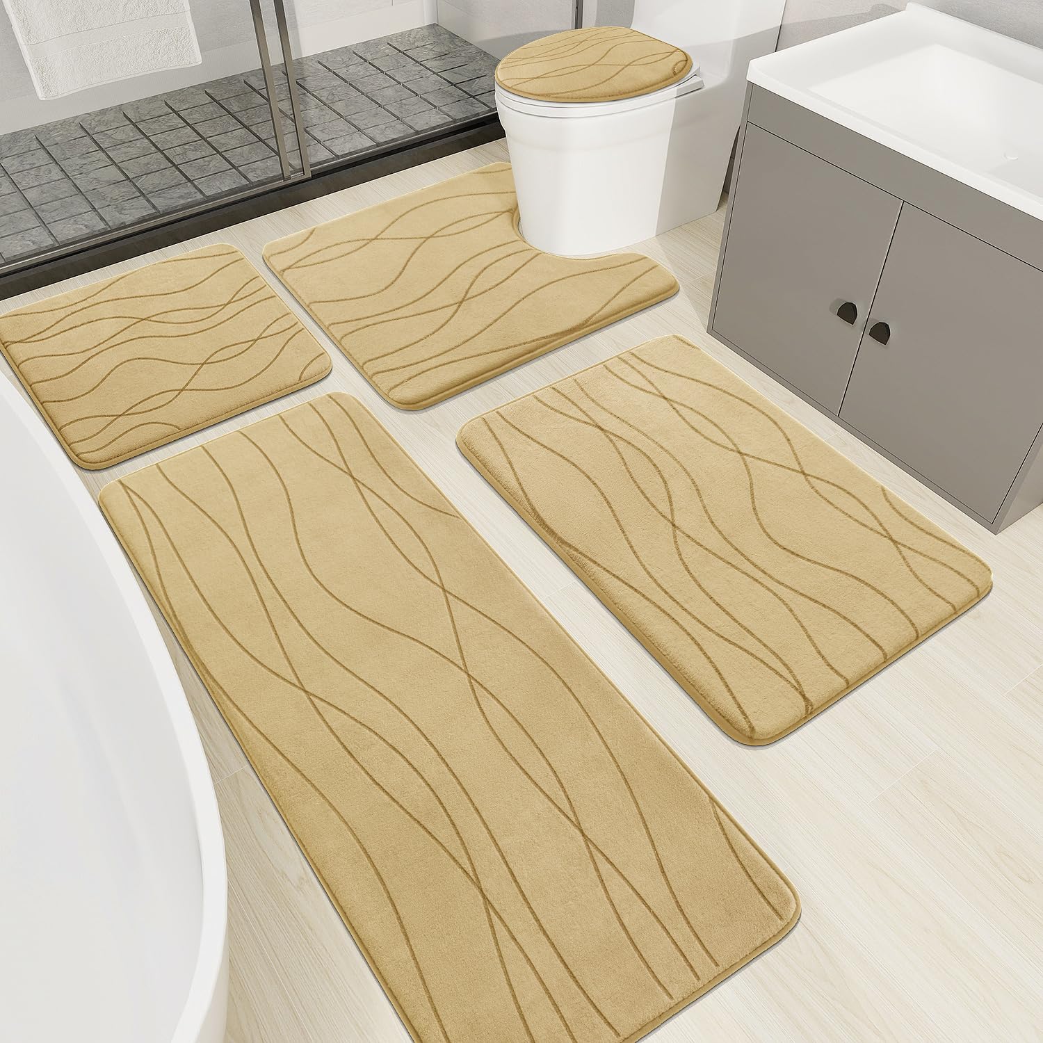 YIHOUSE Memory Foam Grey Bathroom Rug Sets 5 Piece, Ultra Absorbent Bath Mat for Bathroom - Non-Slip Machine Washable & Dry Quickly, 5 Piece Bathroom Mat Set, Dark Grey