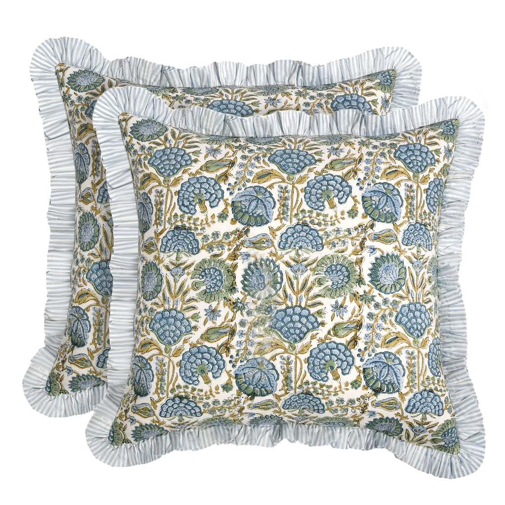 Ridhi Block Print Light Steel Blue Throw Pillow Cover 18" x 18" (Pack of 2) Decorative Cushion Covers with Ruffle for Couch, Sofa, Bed, Living Room, Home Decor Gift for Spring, Easter, Valentine