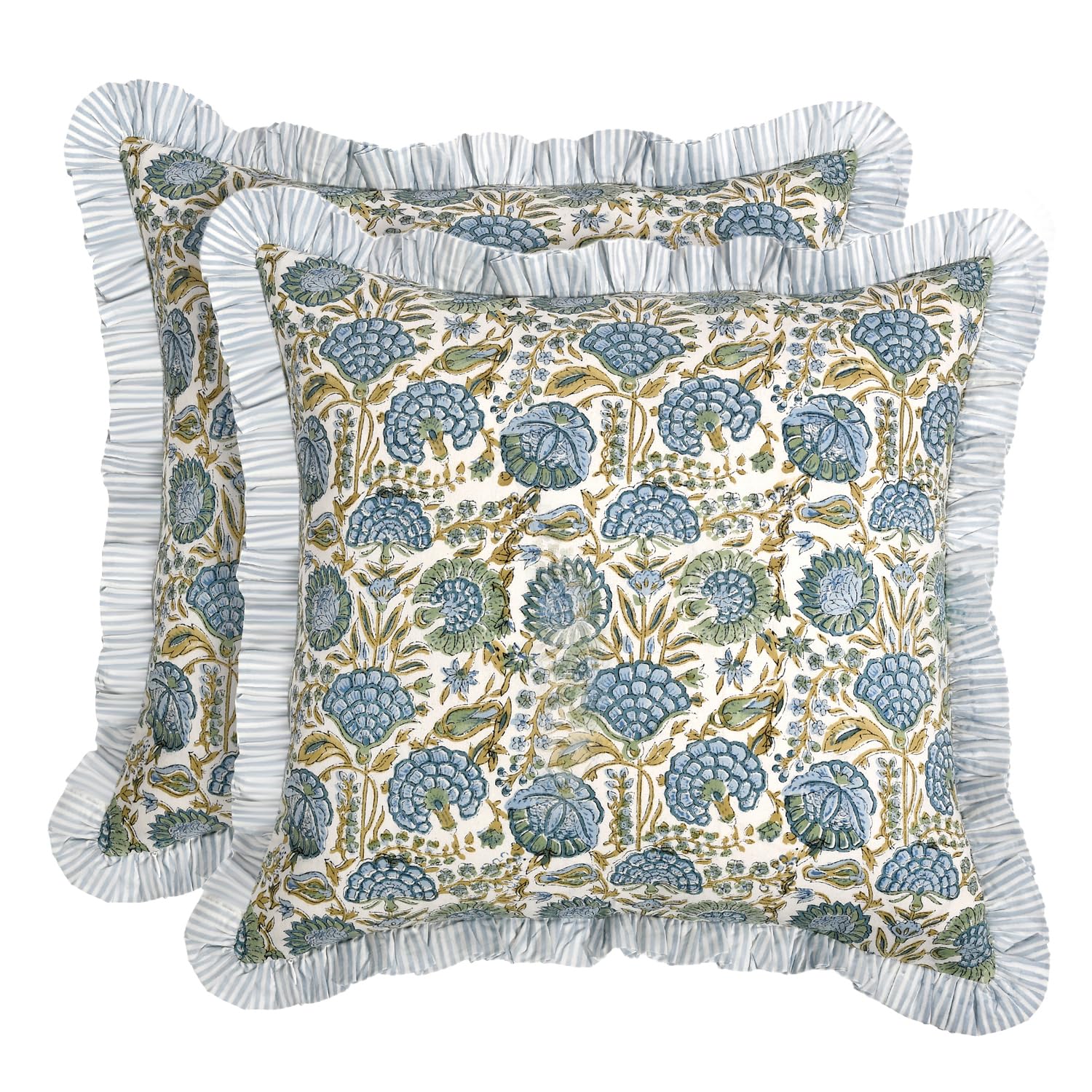 Ridhi Block Print Light Steel Blue Throw Pillow Cover 18" x 18" (Pack of 2) Decorative Cushion Covers with Ruffle for Couch, Sofa, Bed, Living Room, Home Decor Gift for Spring, Easter, Valentine