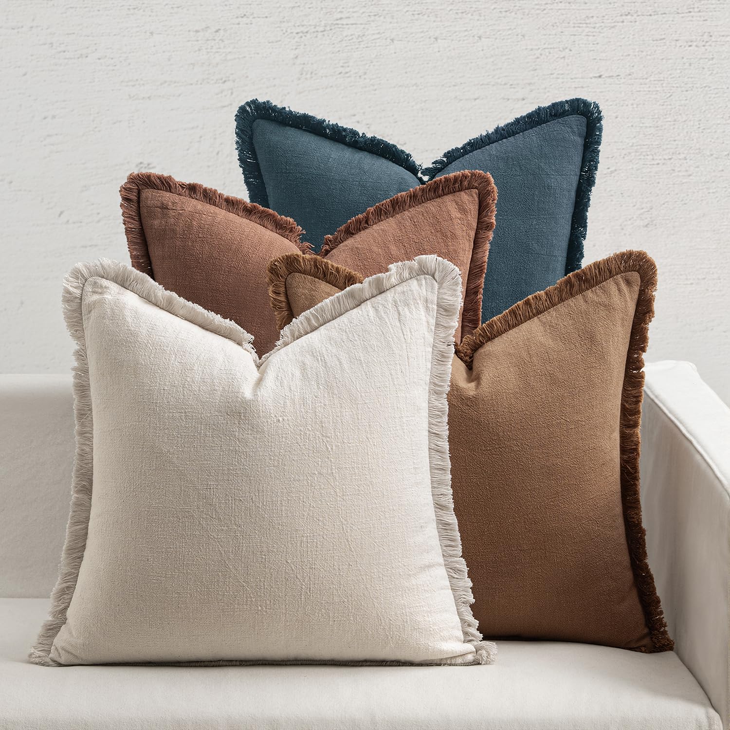 MIULEE Decorative Couch Pillow Covers Neutral Linen Fringe Throw Pillows Set of 4 Soft Rustic Cushions Boho Farmhouse Pillowcases for Bed Sofa Living Room Spring Decor 20x20 Inch Beige/Brown/Green