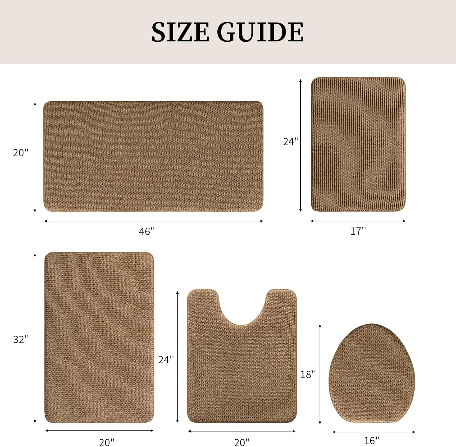YIHOUSE Bathroom Rugs Set 5 Piece, Extra Soft Absorbent Chenille Bath Mats & U-Shaped Contour Toilet Rug, Non Slip Machine Washable Bath Mat for Shower Tub Sink, Beige