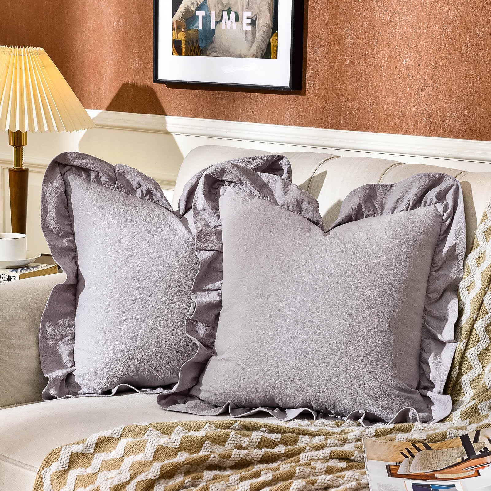 24×24" Ruffle Cotton Throw Pillow Covers, 2 Pack Beige